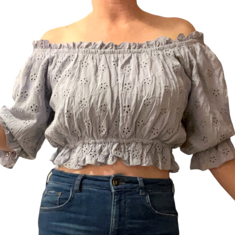 Surf Gypsy eyelet top boho embroidered peasant top puff sleeves lavender medium